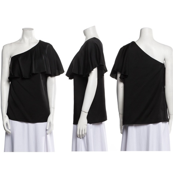 LANVIN Washed Satin Ruffled Asymmetrical One Shoulder Flutter Short Sleeve Top 2 - Picture 5 of 8